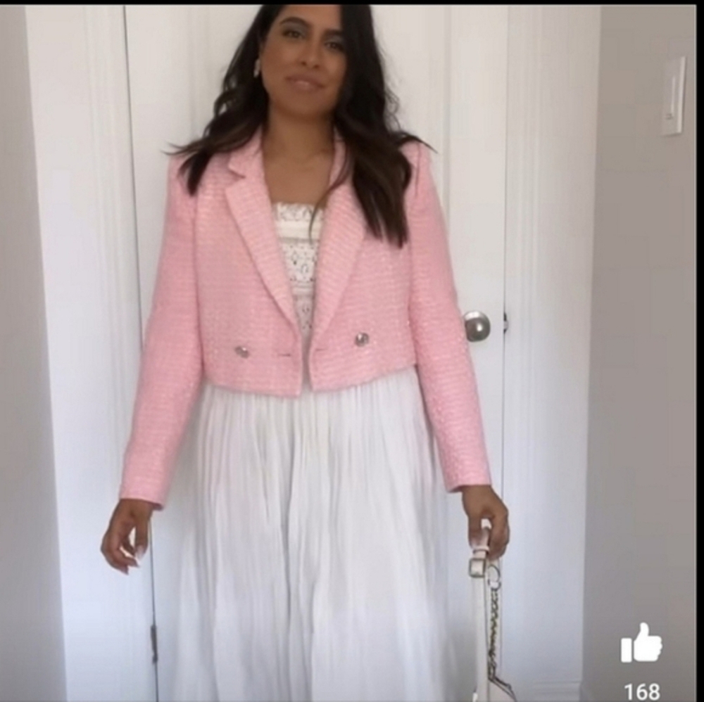 Zara Tweed Textured Cropped Blazer Pink Size XS - Picture 8 of 16